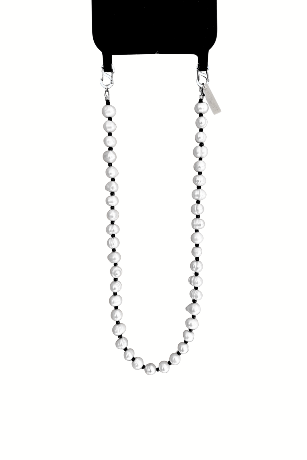 Her Heritage Pearl Phone Strap on white background, showing its length and quality materials.