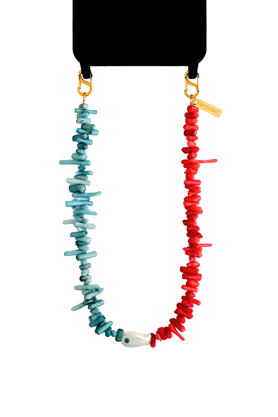 Close-up of the Bay Play Summer Gemstone Phone Strap with colorful beads and an evil eye fish charm, gently draped on a white surface.