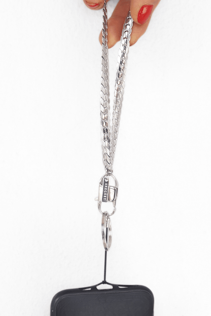 BONY Phone Chain, showcasing the silver-plated fishbone chain texture worn as a phone lanyard on a mannequin.