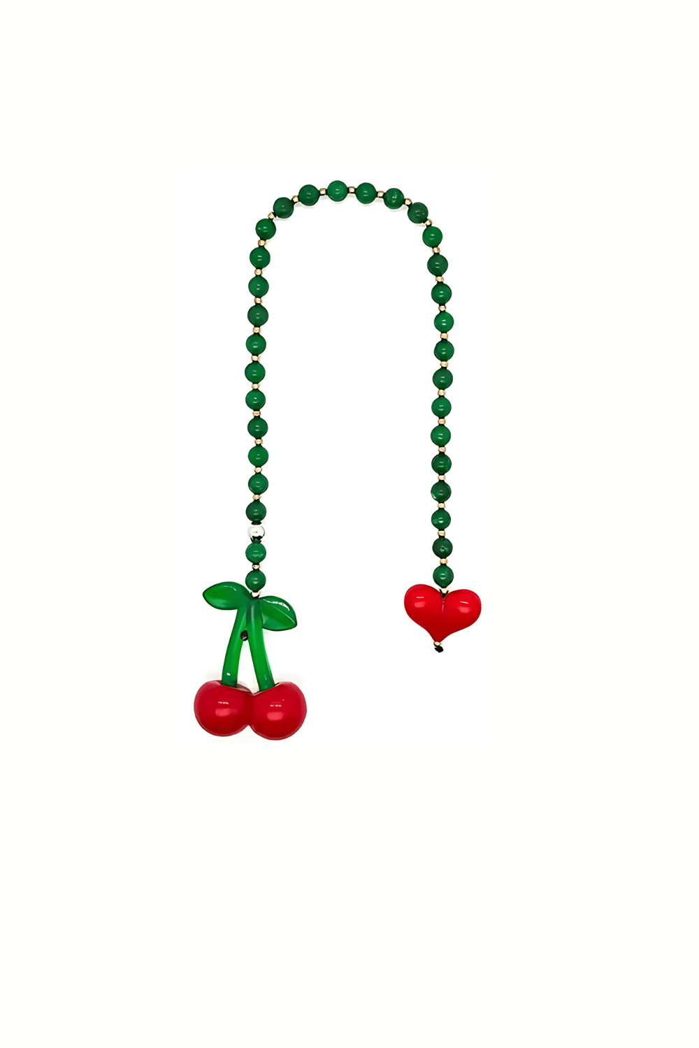 Cherrie bag charm with green gemstone beads, red heart, and a cute cherry.