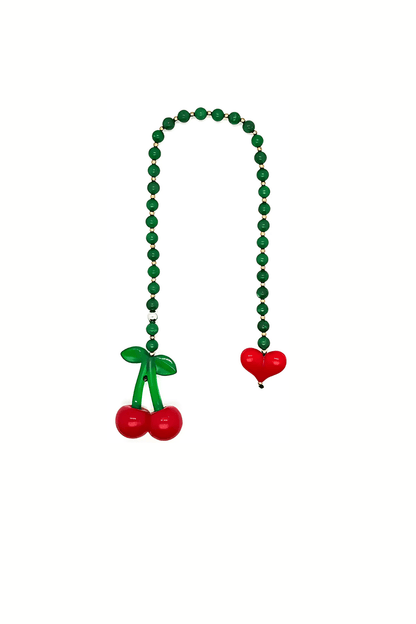 Cherrie bag charm with green gemstone beads, red heart, and a cute cherry.