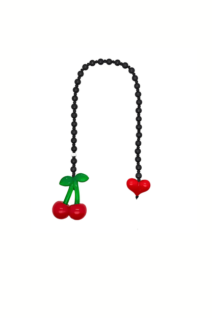 Cherrie bag charm with black gemstone beads, red heart, and a cute cherry.