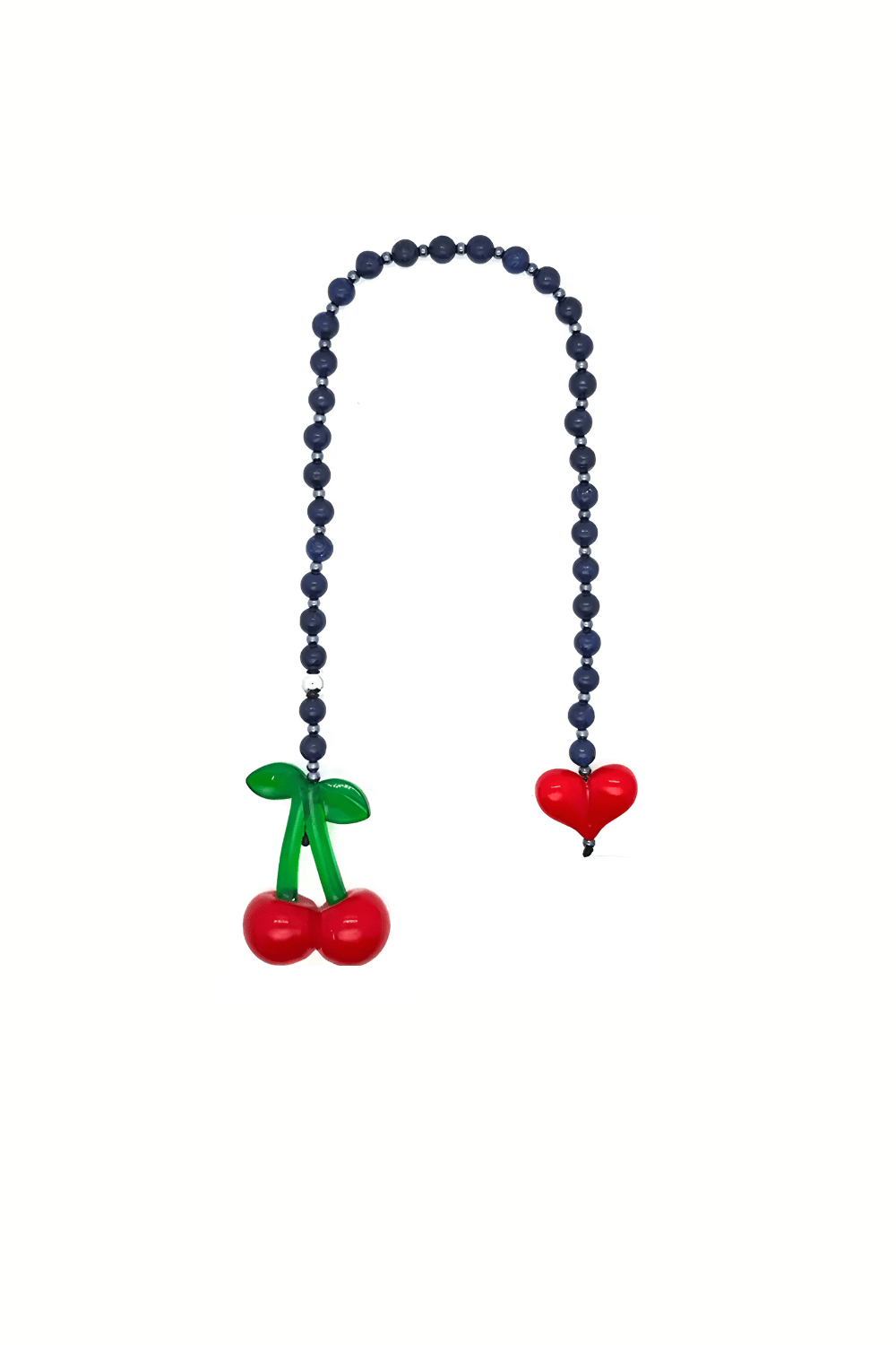 Cherrie bag charm with blue gemstone beads, red heart, and a cute cherry.