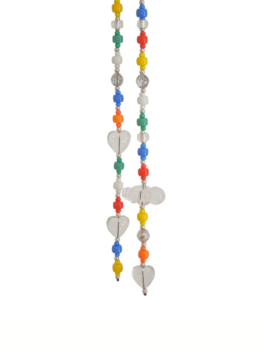 Colorful beaded bag charm on a white background. The charm features multicolored beads, clear hearts, and a cloud accent. 