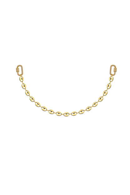 Common Link Chain in gold, featuring the unique coffee bean link pattern and two luxurious rhinestone Pave clasps.
