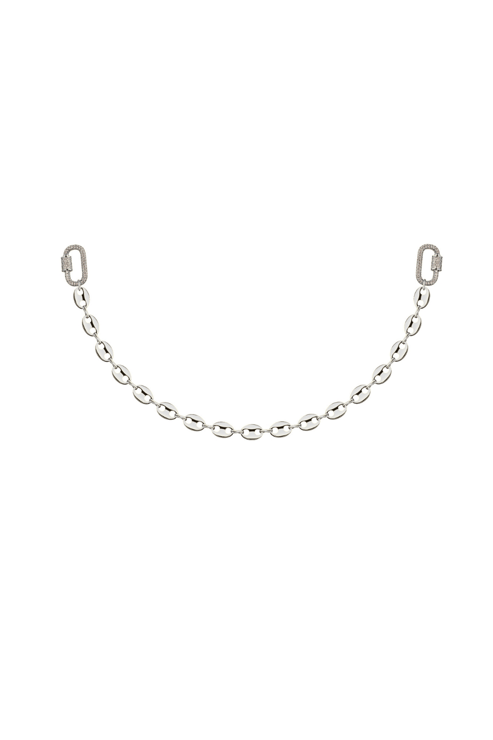 Common Link Chain in silver, featuring the unique coffee bean link pattern and two luxurious rhinestone Pave clasps.