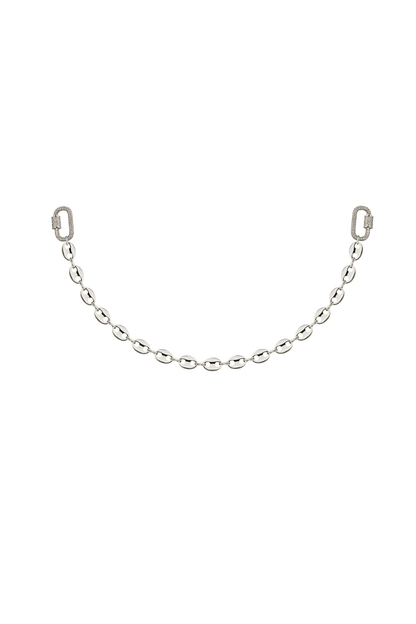 Common Link Chain in silver, featuring the unique coffee bean link pattern and two luxurious rhinestone Pave clasps.