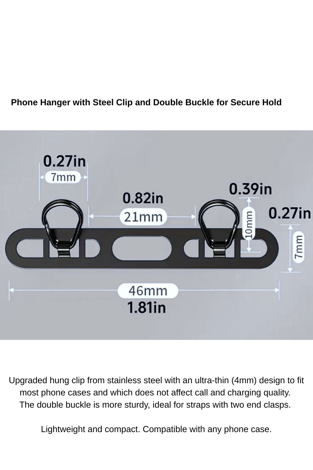 Phone hanger with steel clip and double buckle dimensions on a gray background