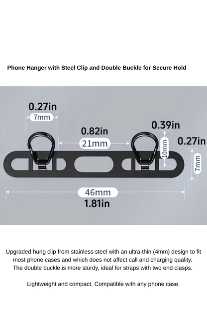 Phone hanger with steel clip and double buckle dimensions on a gray background