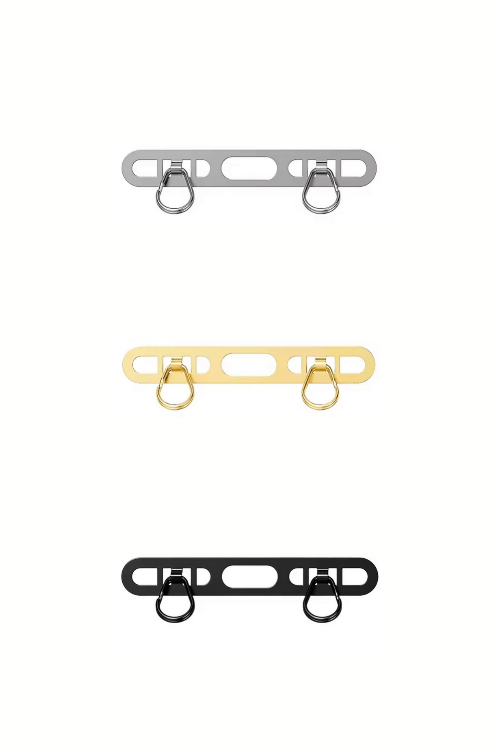 Three metal hooks in silver, gold, and black on a white background