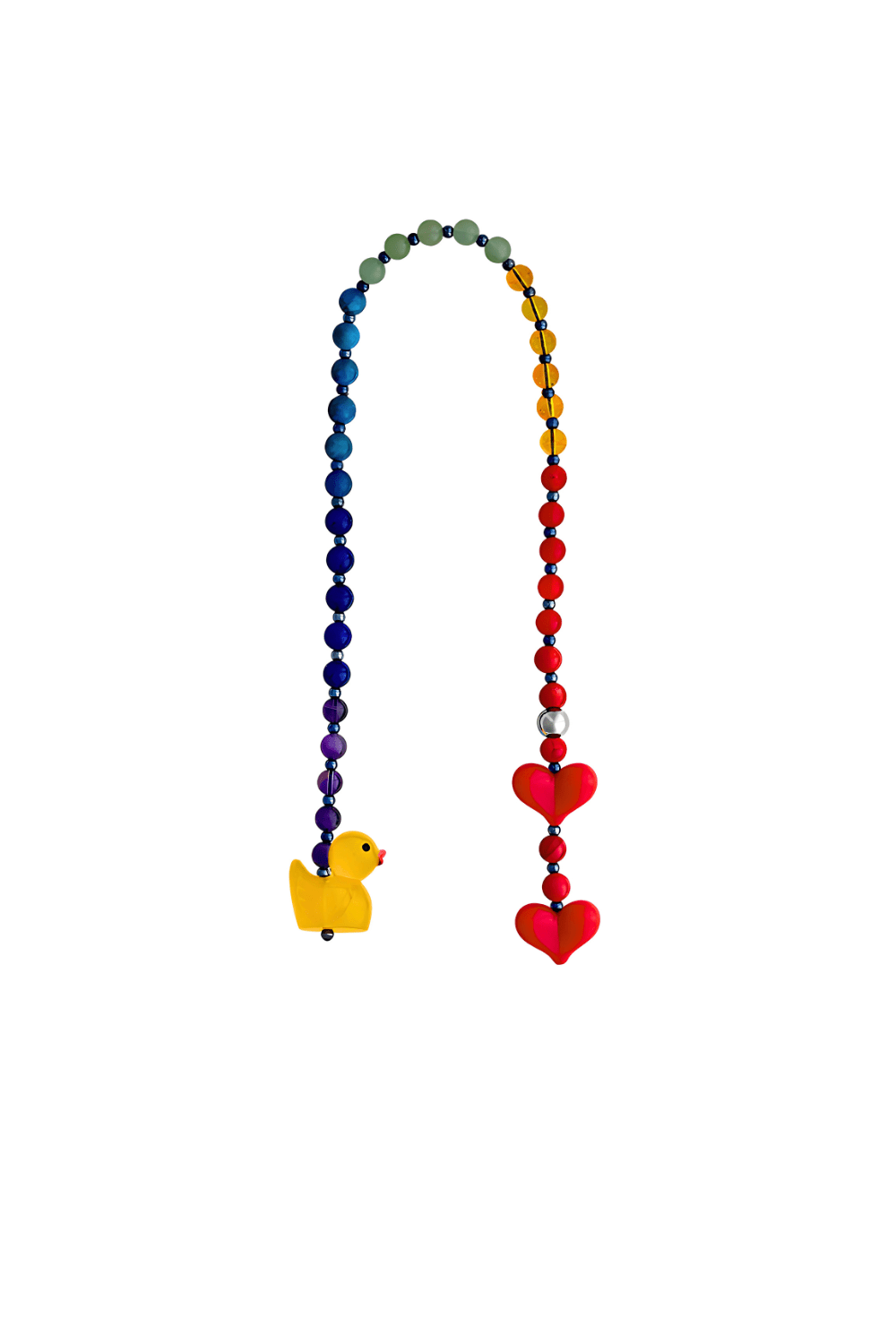 Duckie bag charm with rainbow beads, red hearts, and yellow duck.
