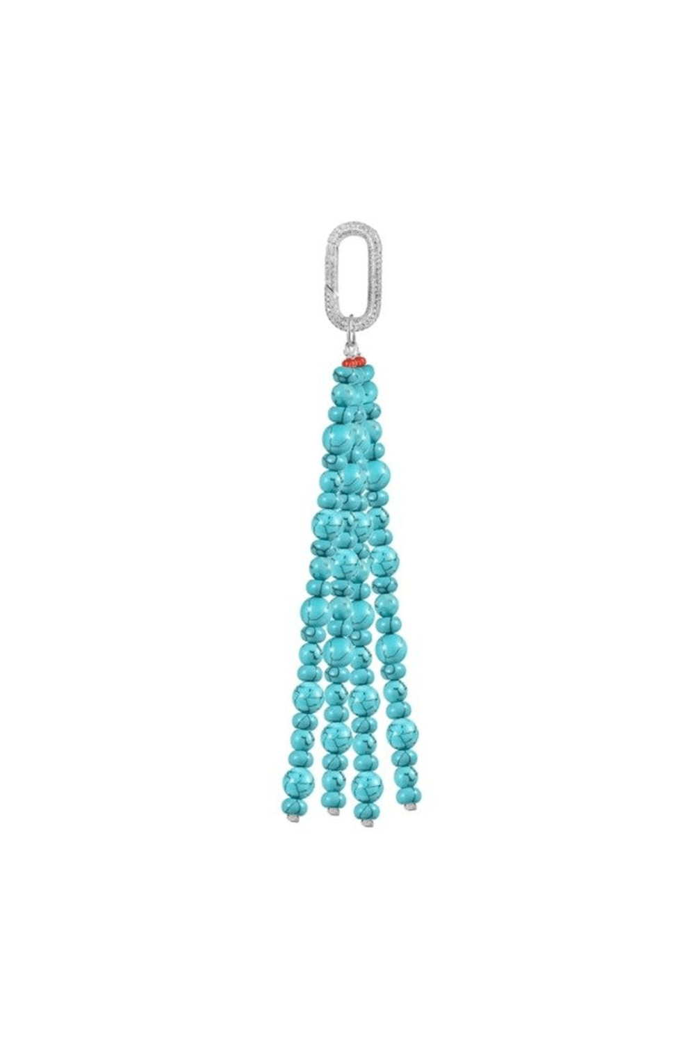 Close-up studio shot of a long tassel bag charm made of bright turquoise Howlite gemstone beads. The tassel hangs from a sparkly silver carabiner clasp with a small orange-red bead detail. 
