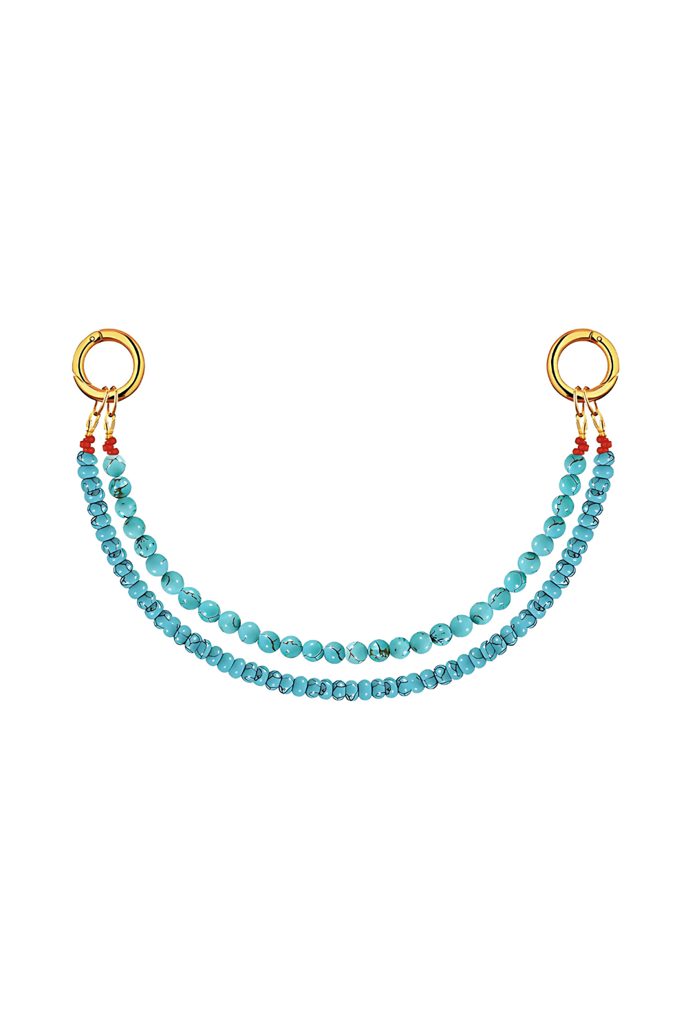 Turquoise beaded keychain with gold rings on a white background
