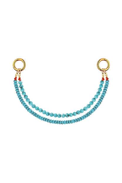 Turquoise beaded keychain with gold rings on a white background