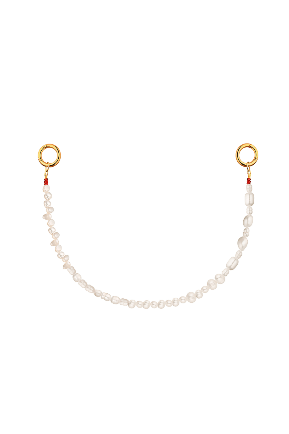 Pearl necklace with gold clasp on a white background