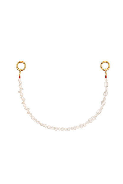 Pearl necklace with gold clasp on a white background