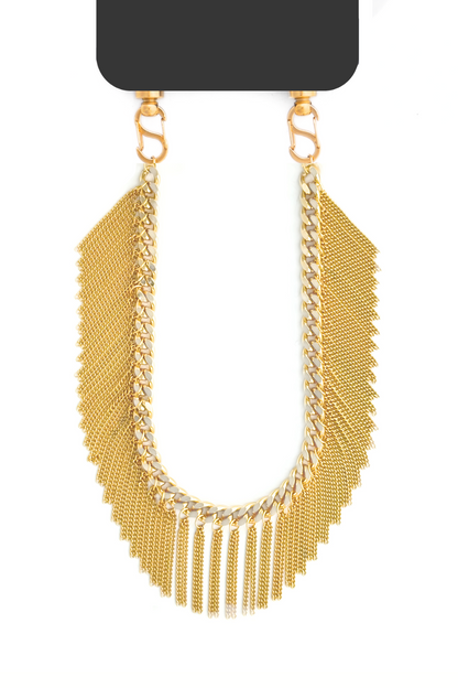 Gold Flow Fringes phone chain featuring a bold curb chain design with cascading fringe details, attached to a black phone case. A stylish and functional accessory that adds a touch of luxury and movement to your everyday look.