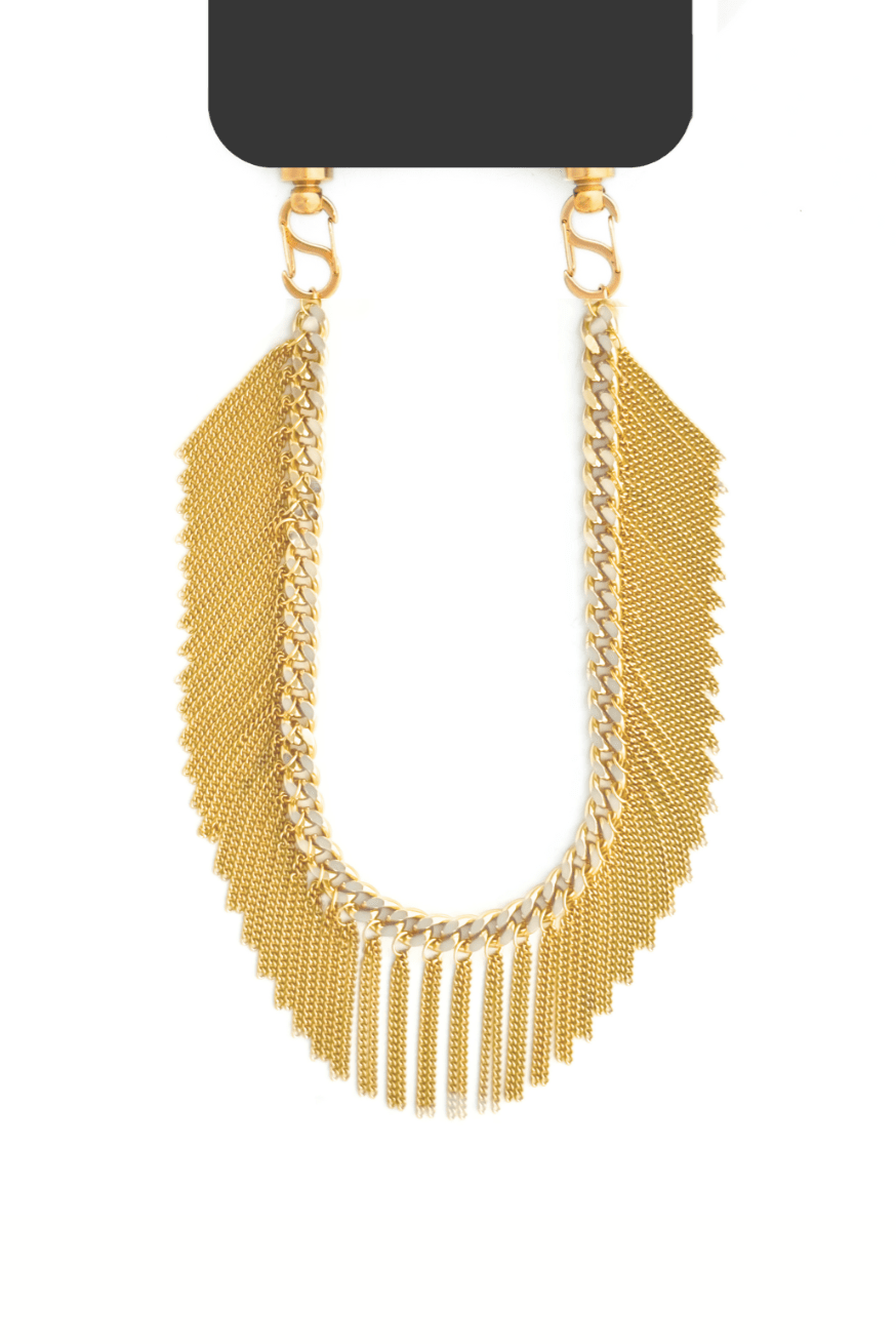Gold Flow Fringes phone chain featuring a bold curb chain design with fringe details, attached to a black phone case.