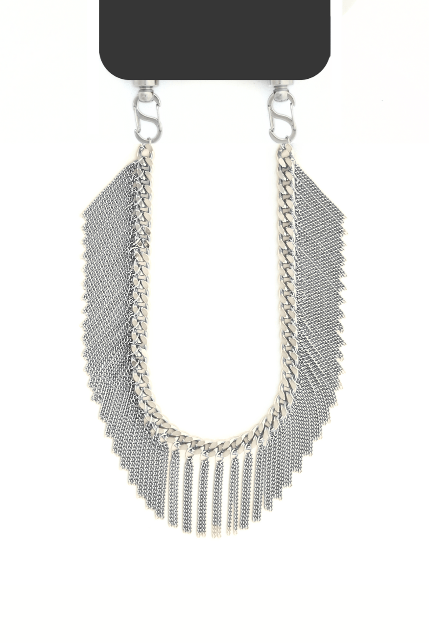 Silver Flow Fringes phone chain featuring a bold curb chain design with fringe details, attached to a black phone case.
