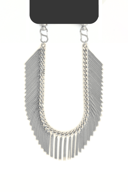 Silver Flow Fringes phone chain featuring a bold curb chain design with fringe details, attached to a black phone case.
