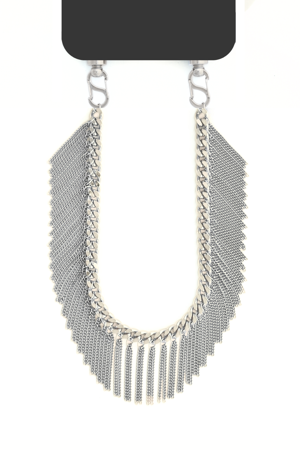 Silver Flow Fringes phone chain featuring a bold curb chain design with cascading fringe details, attached to a black phone case. A stylish and functional accessory that adds a touch of luxury and movement to your everyday look.