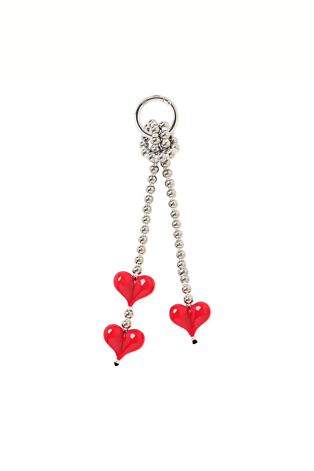 Silver beaded bag charm with red hearts and a clip ring on a white background.