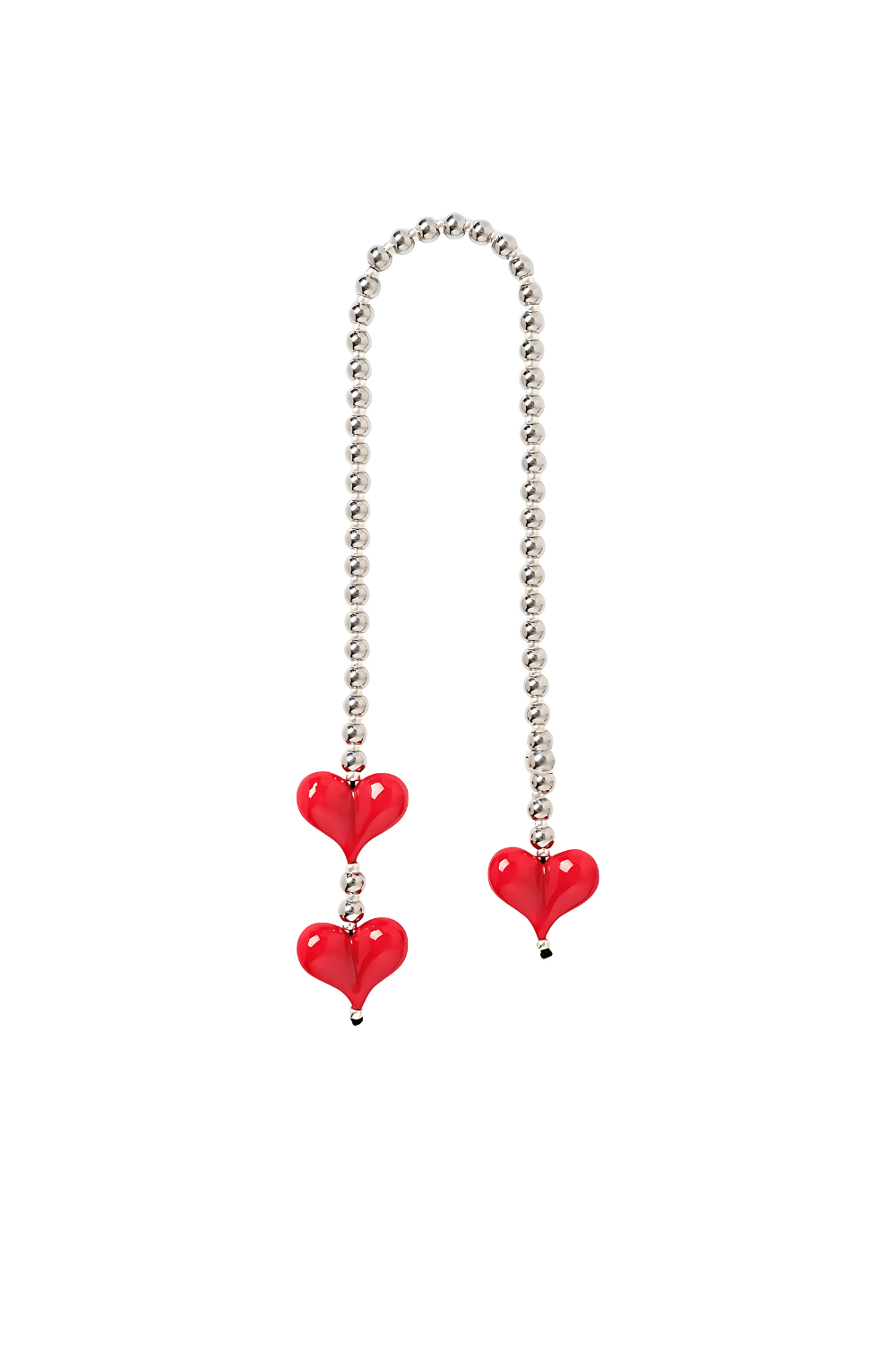 Silver beaded bag charm with red hearts on a white background.