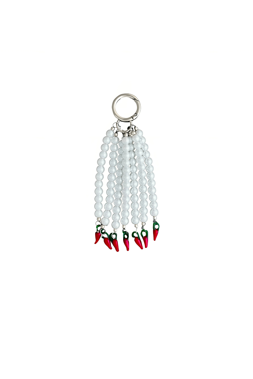 Close-up of Hot Drop keychain with glass pearl strands and red chili pepper beads, hanging from a silver o-ring clasp.