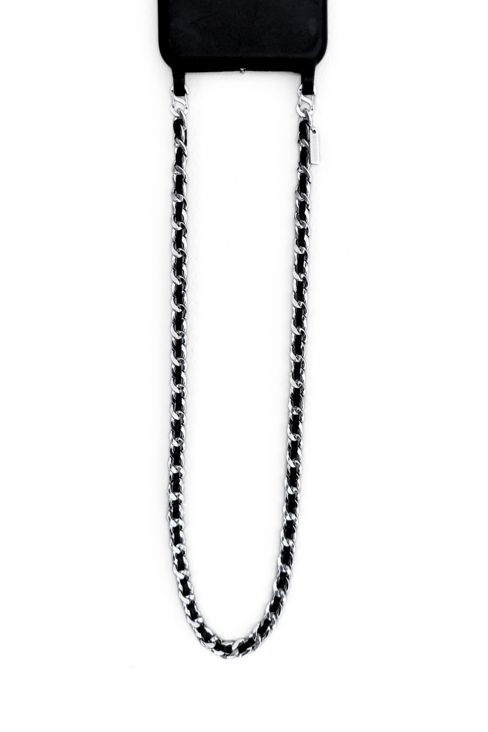 Black phone case with the Iconic silver chain strap on a white background.