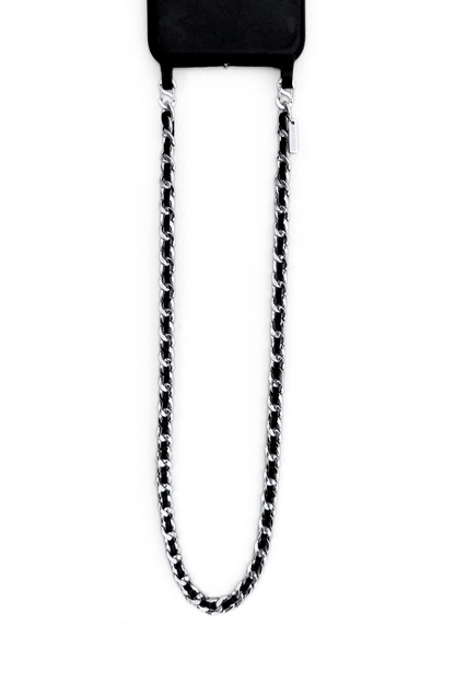 Black phone case with the Iconic silver chain strap on a white background.