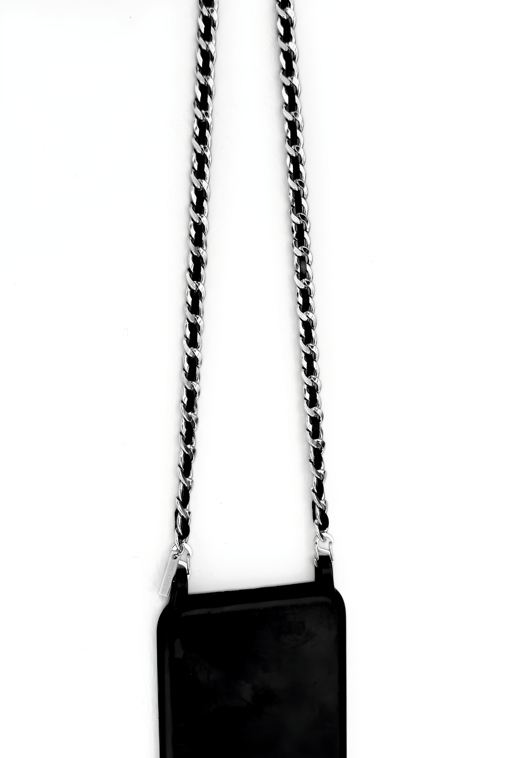 Iconic silver phone chain holding a black phone case on a white background.