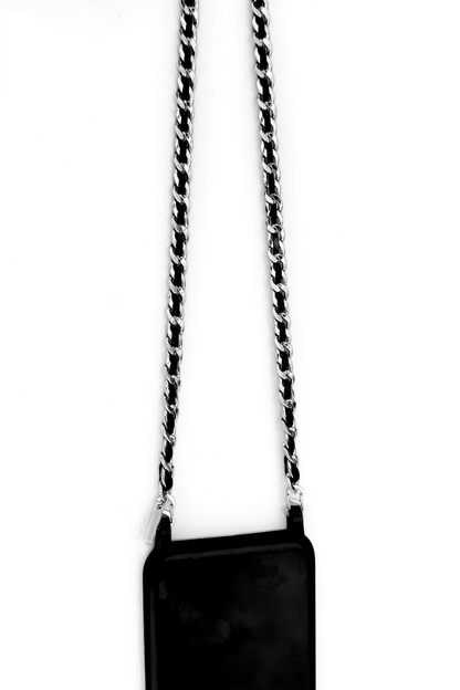 Iconic silver phone chain holding a black phone case on a white background.