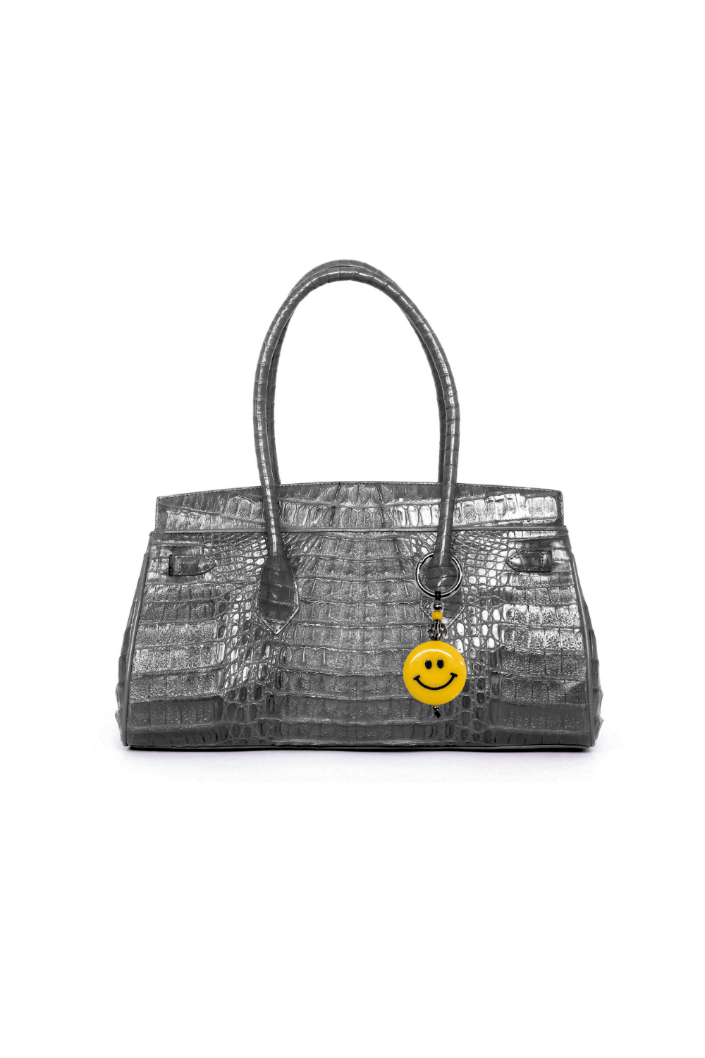 Gray textured handbag with a yellow smiley face charm on a white background