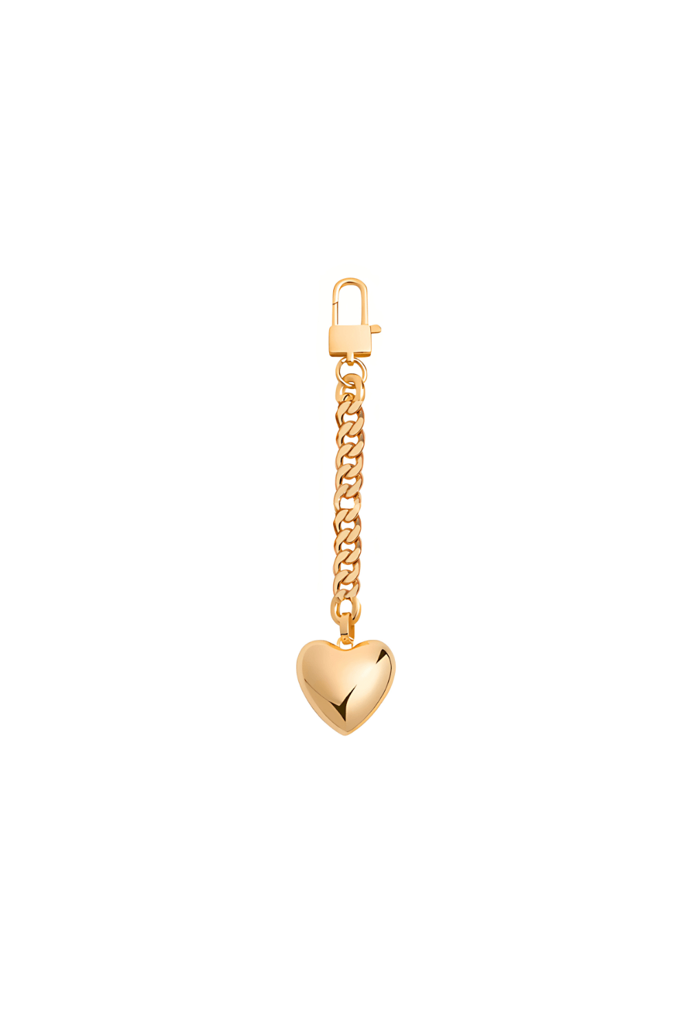 Love Above, gold heart bag charm keychain on white background.