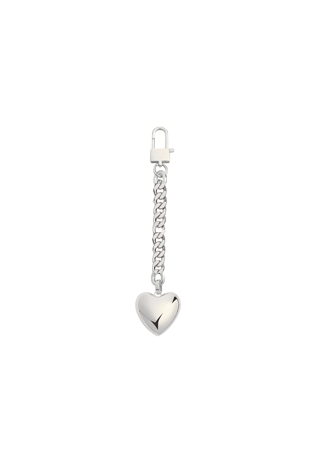 Love Above, silver heart bag charm keychain on white background.