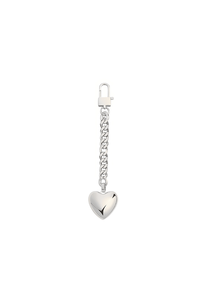 Love Above, silver heart bag charm keychain on white background.