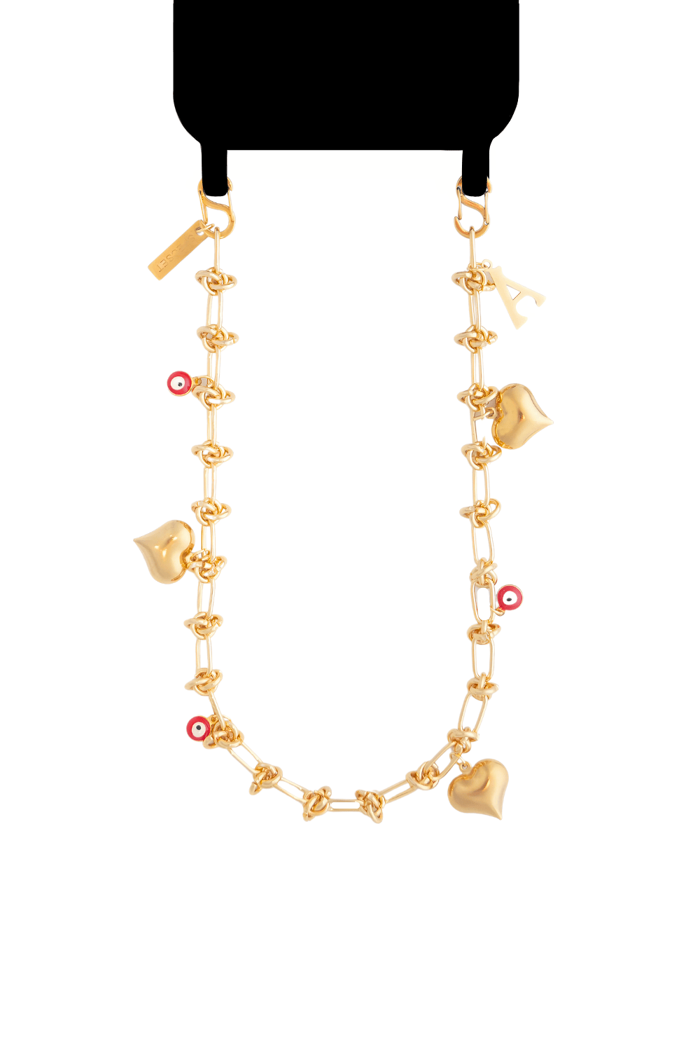 SPECSET Lover's Link personalized phone chain in silver, featuring chunky Heart charms, Evil Eye details, and a custom initial.