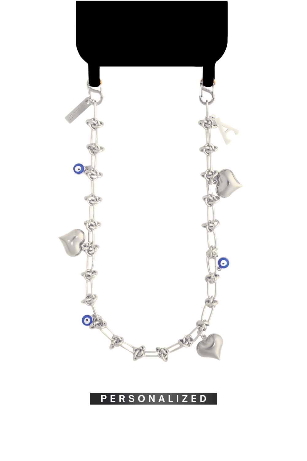 SPECSET Lover's Link personalized phone chain in silver, featuring chunky Heart charms, Evil Eye details, and a custom initial.