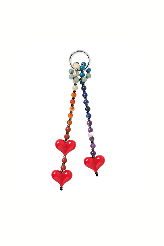Lovlie gemstone heart charm with silver o-ring keychain clasp shown on white background.