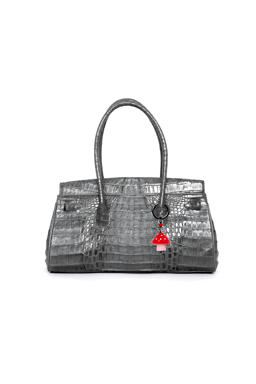 Gray textured handbag with a red and white tag on a white background
