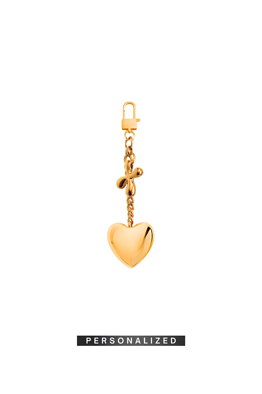 Marked Soul gold heart bag charm with personalized initial.