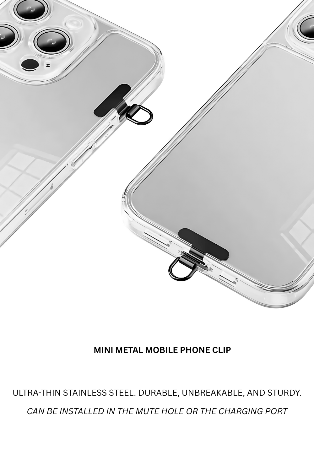 Mini metal mobile phone clip attached to a smartphone on a white background