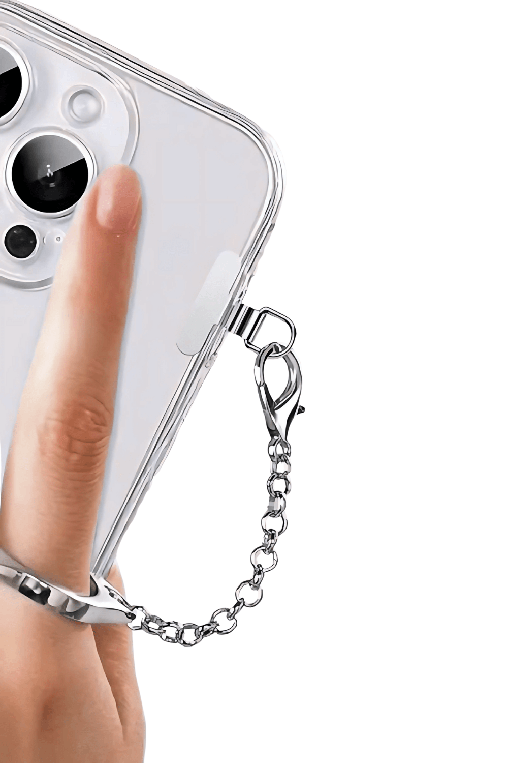 Phone case with chain holder attached to a phone on a white background