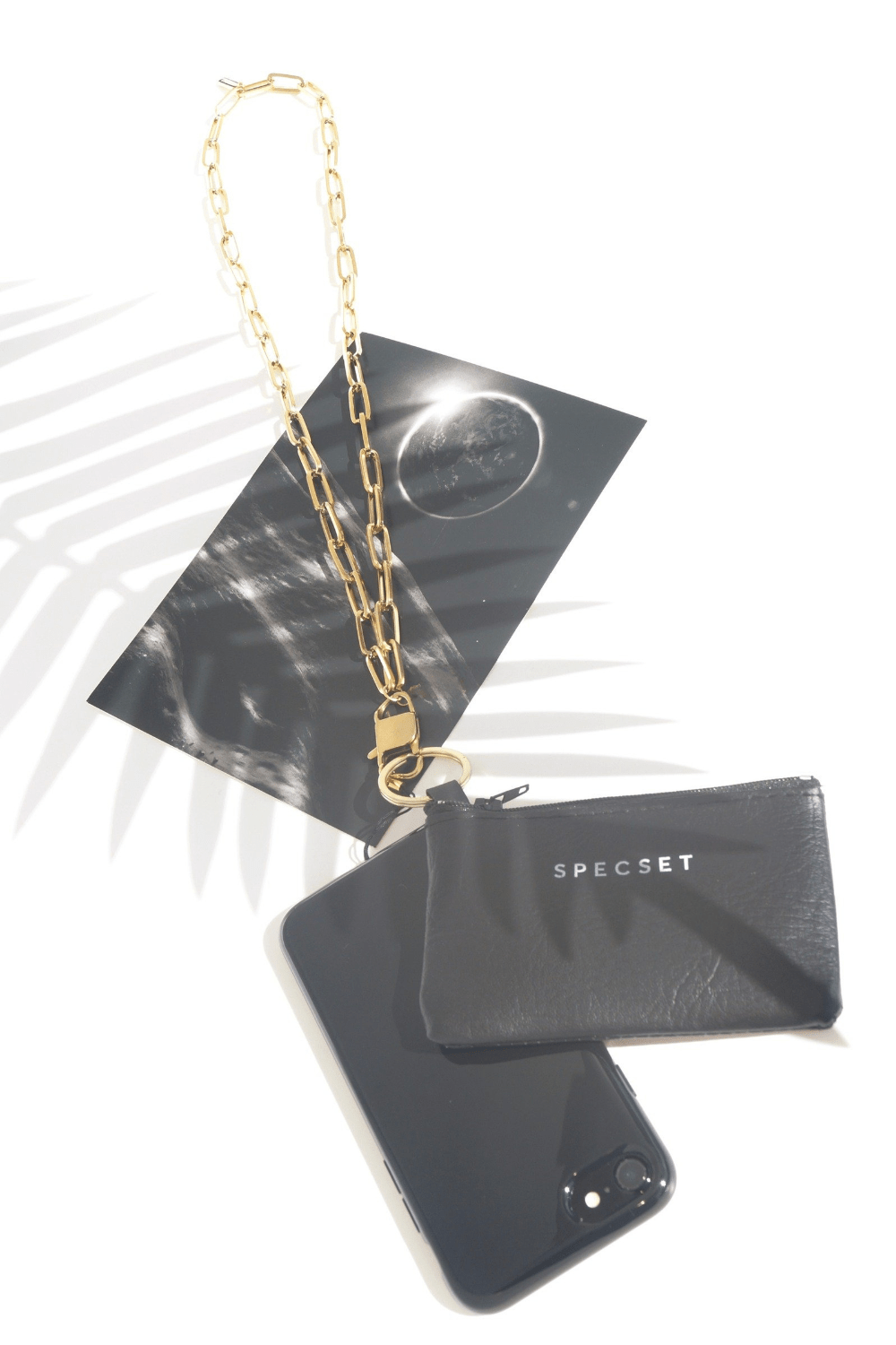 Black phone case with gold chain, black pouch, and 'SPECSET' branding on a white background.