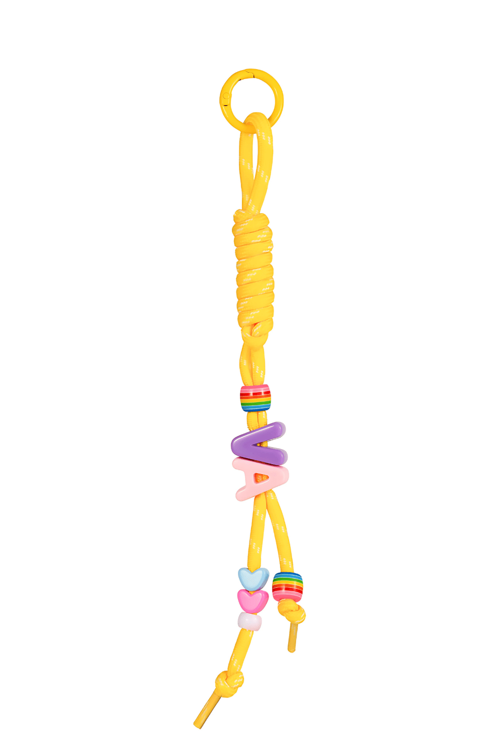 Yellow bag charm keychain with colorful beads on a white background.
