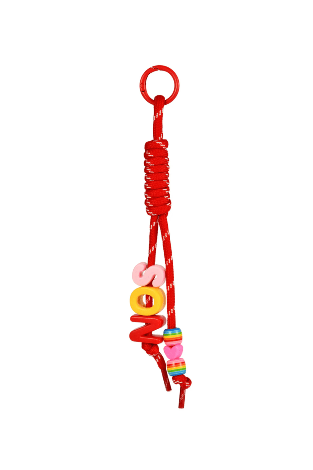 Red bag charm keychain with colorful beads on a white background.
