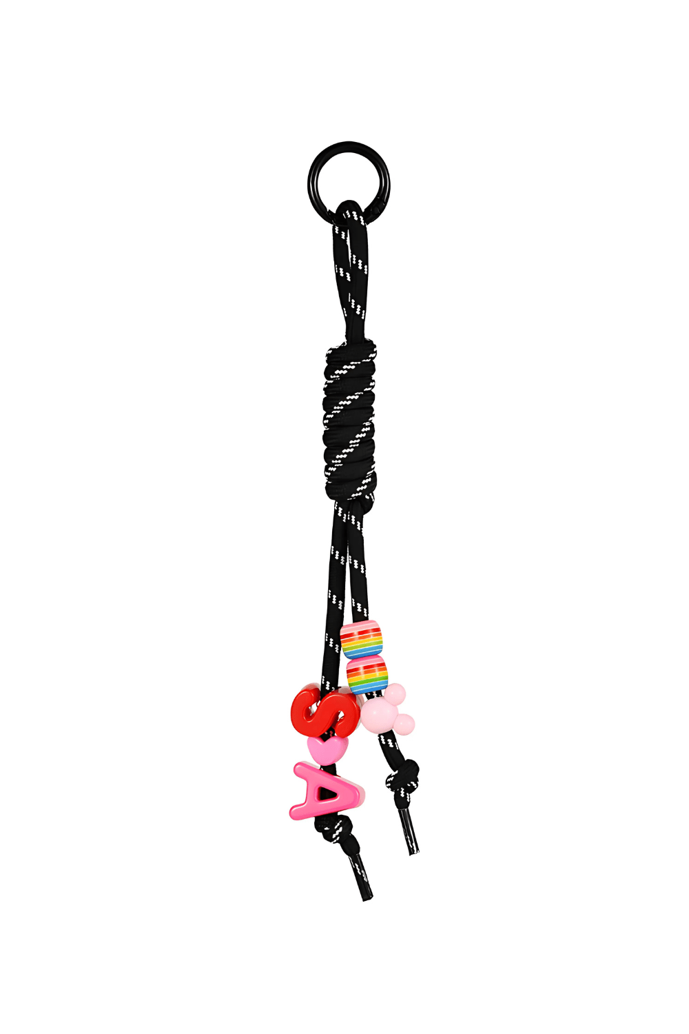 Black bag charm keychain with colorful beads on a white background.