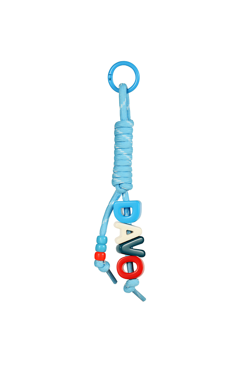 Light Blue bag charm keychain with colorful beads on a white background.