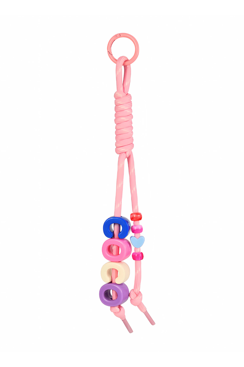 Pink bag charm keychain with colorful beads on a white background.