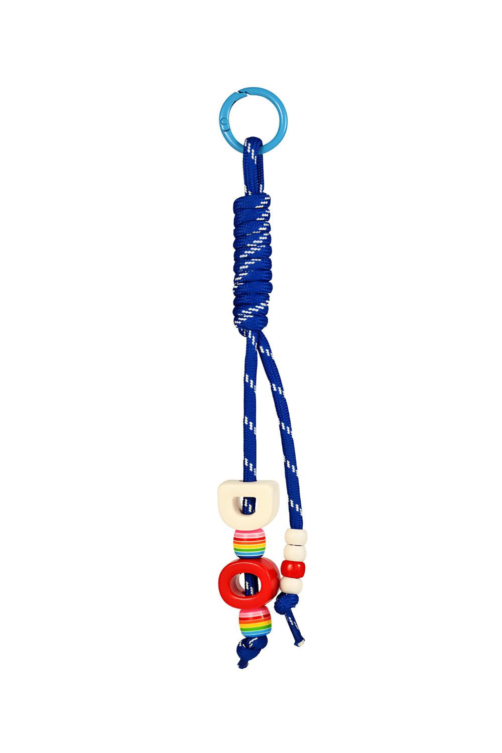 Blue bag charm keychain with colorful beads on a white background.